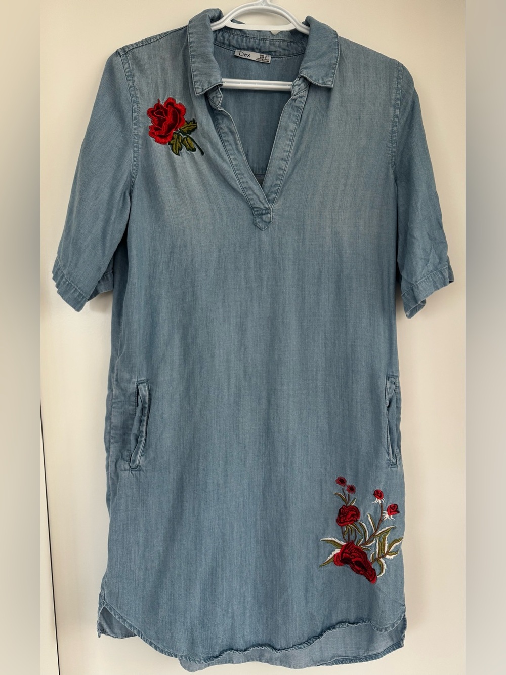 Dex Light Blue Chambray Tunic Dress with Red Rose Embroidery